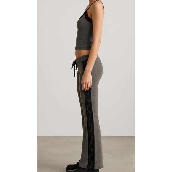 Bebe Sport Y2K Wide Leg Gray Lounge Pants Lace Trim Drawstring Small USA Made - Picture 1 of 11